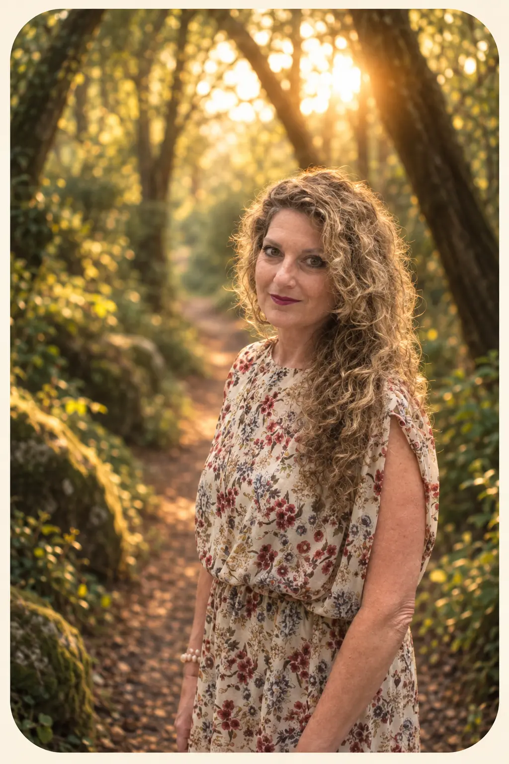 Susan standing on a woodland path in soft morning light