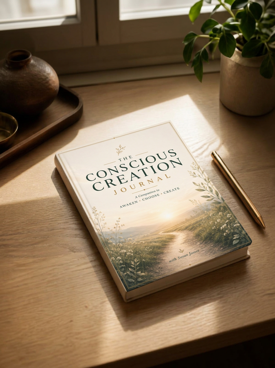 The Conscious Creation Journal resting closed on a pale oak desk beside a brass pen in morning light