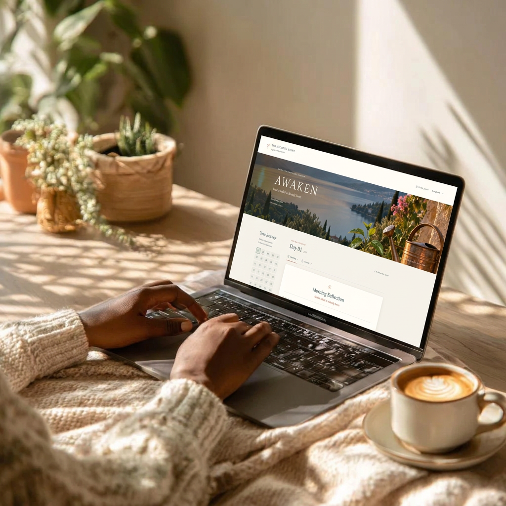 A woman enjoying the AWAKEN online gratitude journal on her laptop in a peaceful, naturally lit setting