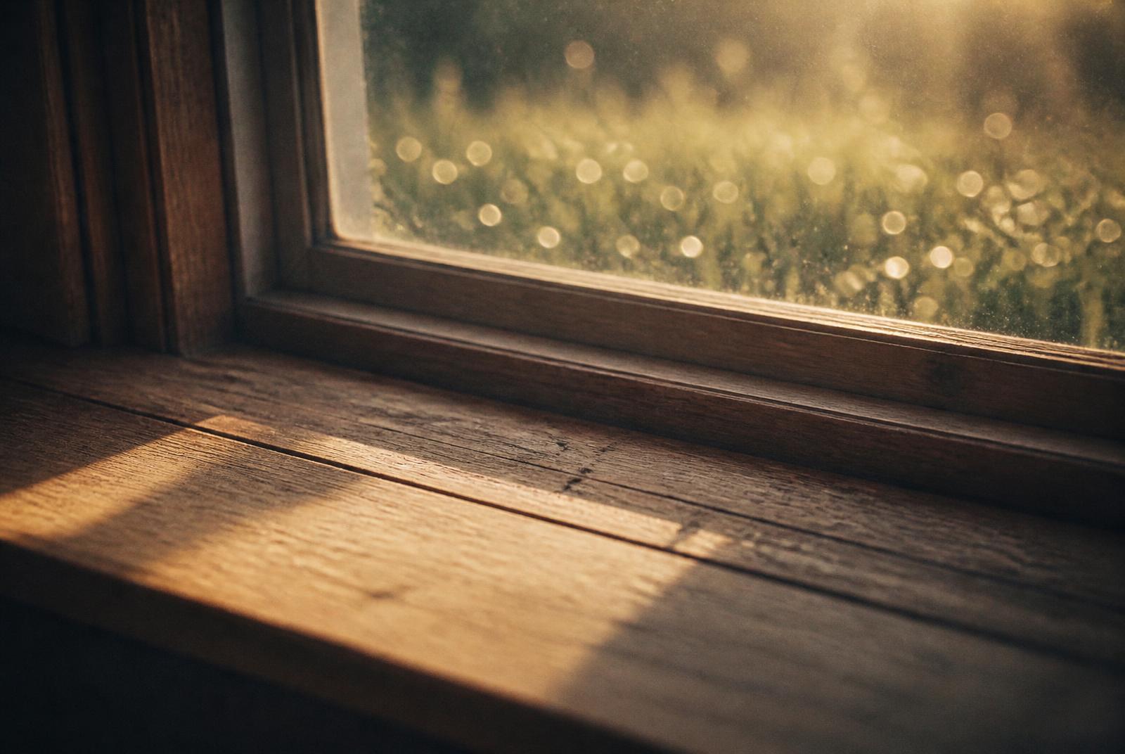 Morning light moving slowly across a wooden windowsill