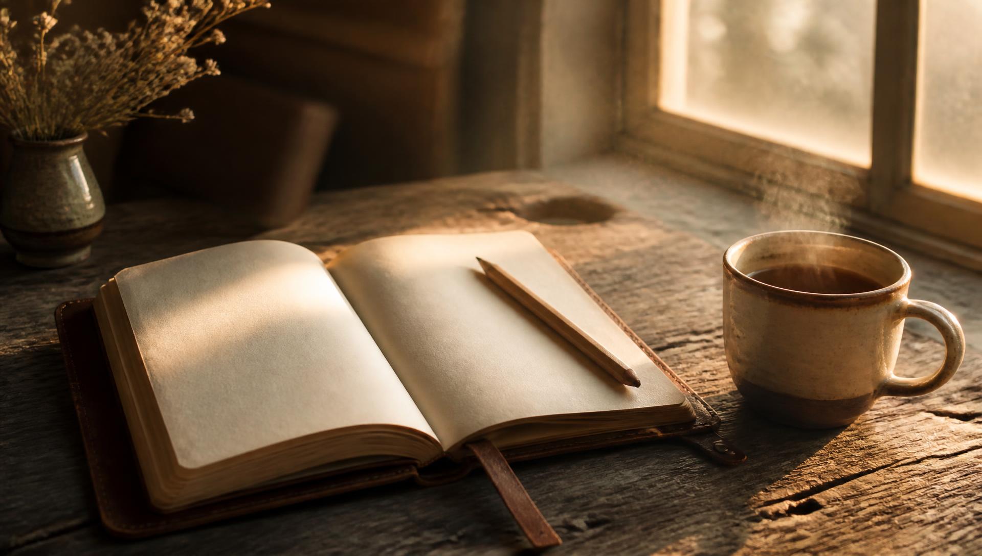 An open handcrafted journal with a pencil and a steaming cup of tea on a weathered wooden table in soft morning light