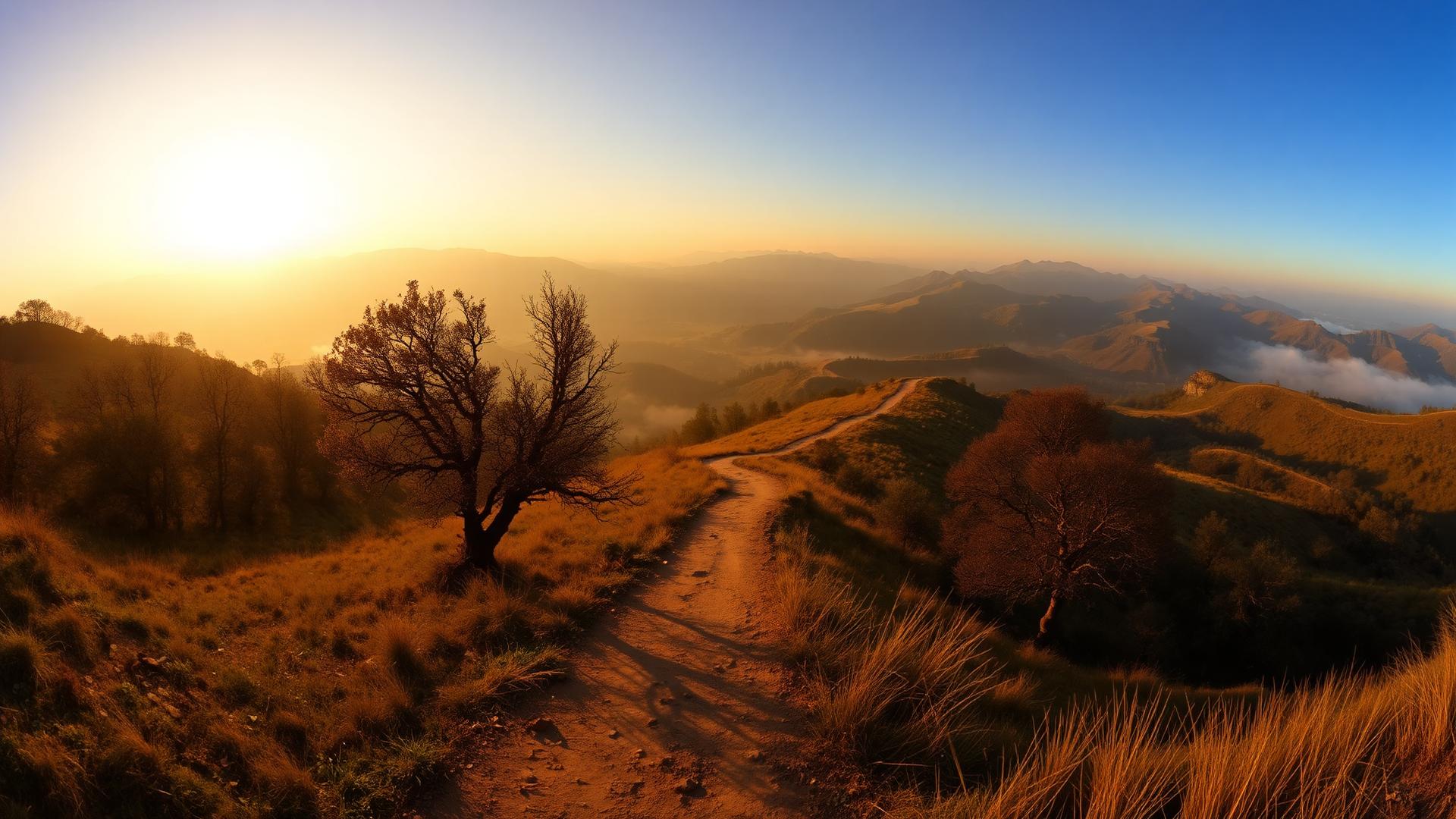 A winding path meandering through a sunlit valley toward luminous distant hills