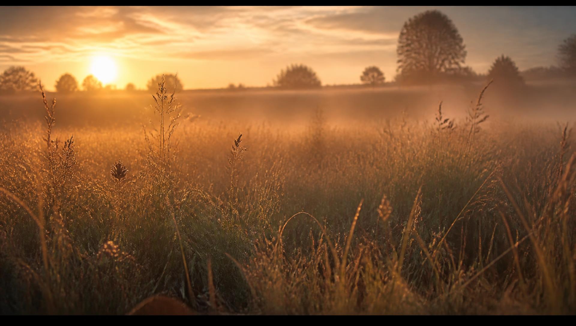 Soft morning light filtering through wild grasses in an open meadow